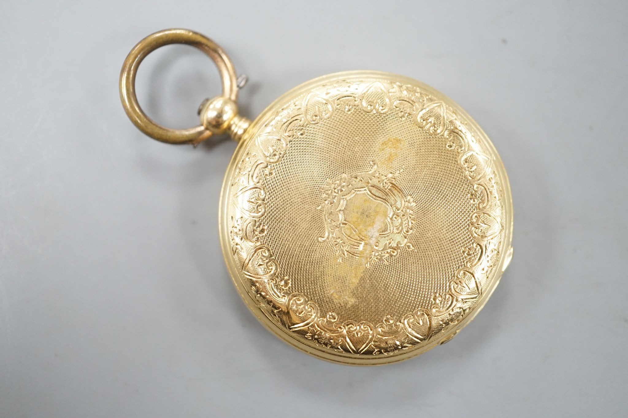 An 18k open faced keywind fob watch, with Roman dial, case diameter 33mm, gross 29.4 grams.